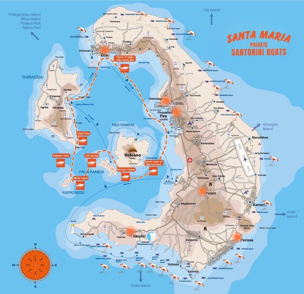 full day map santa maria private santorini High-Speed boat speedboat luxury tours volcano sunset cruise excursion